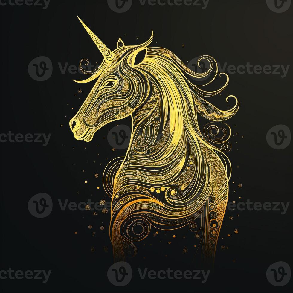 AI generated Sketchy logo featuring an outline unicorn in yellow on a black background. Generative AI photo