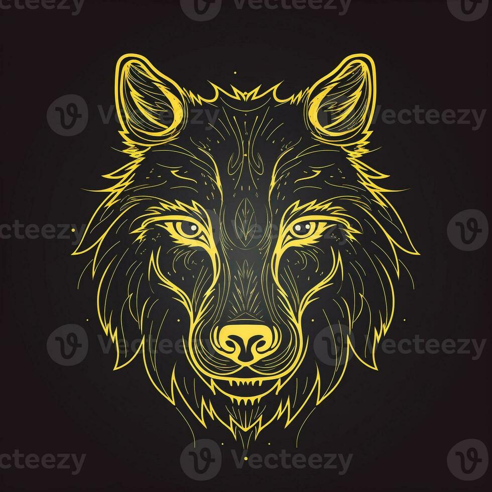 AI generated Sketchy logo featuring an outline wolf head in yellow on a black background. Generative AI photo