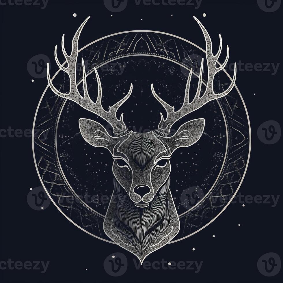 AI generated sketchy logo featuring deer head head in gray on a black background. Generative AI photo