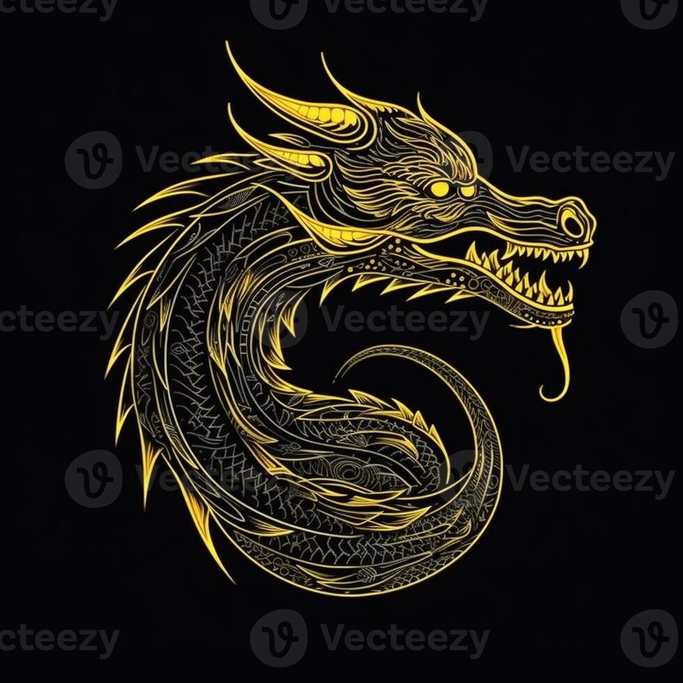 AI generated sketchy logo featuring an outline dragon in yellow on a black background. Generative AI photo