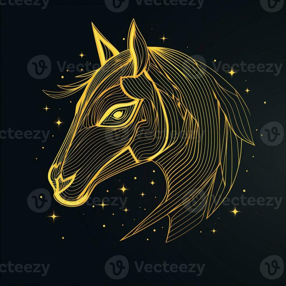 AI generated Sketchy logo featuring an outline unicorn in yellow on a black background. Generative AI photo