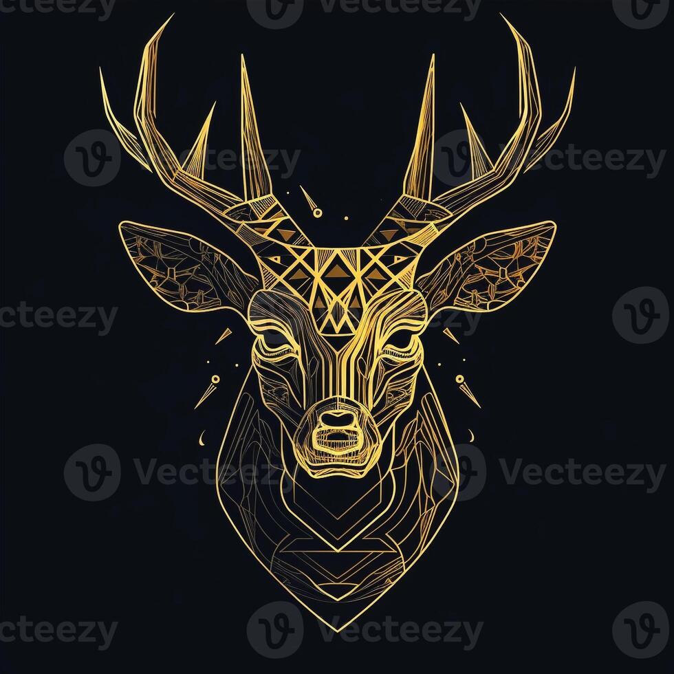 AI generated sketchy logo featuring an outline deer head in yellow on a black background. Generative AI photo