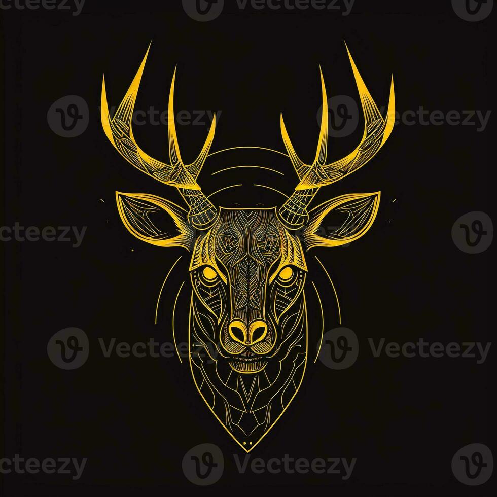 AI generated sketchy logo featuring an outline deer head in yellow on a black background. Generative AI photo