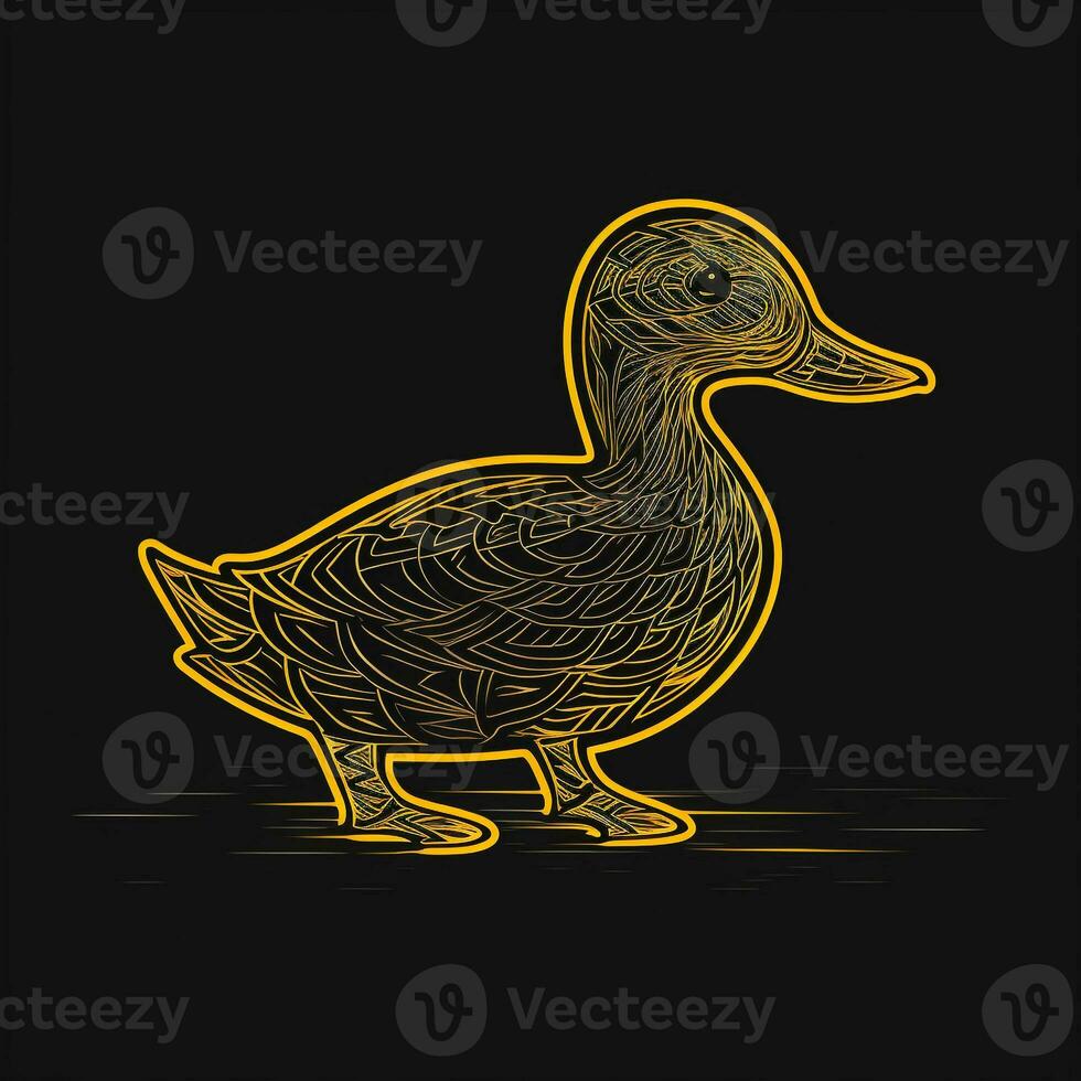 AI generated sketchy logo featuring an outline duck in yellow on a black background. Generative AI photo