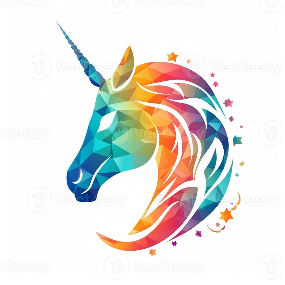 AI generated sketchy logo featuring a unicorn in rainbow on a white background. Generative AI photo