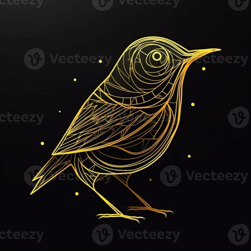 AI generated sketchy logo featuring an outline bird in yellow on a black background. Generative AI photo