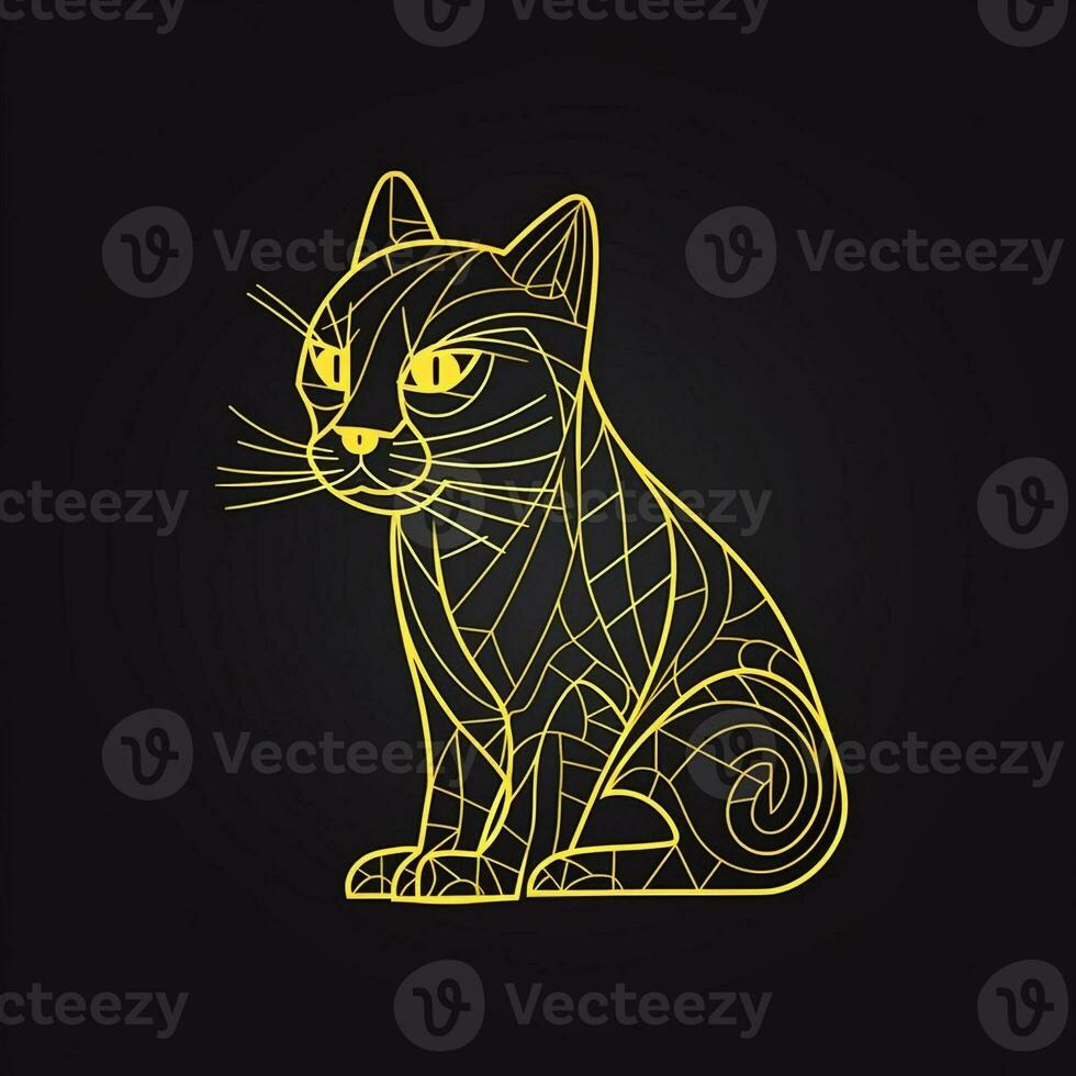 AI generated sketchy logo featuring an outline cat in yellow on a black background. Generative AI photo