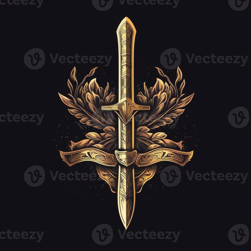 AI generated sketchy logo featuring a sword in gold on a black background. Generative AI photo