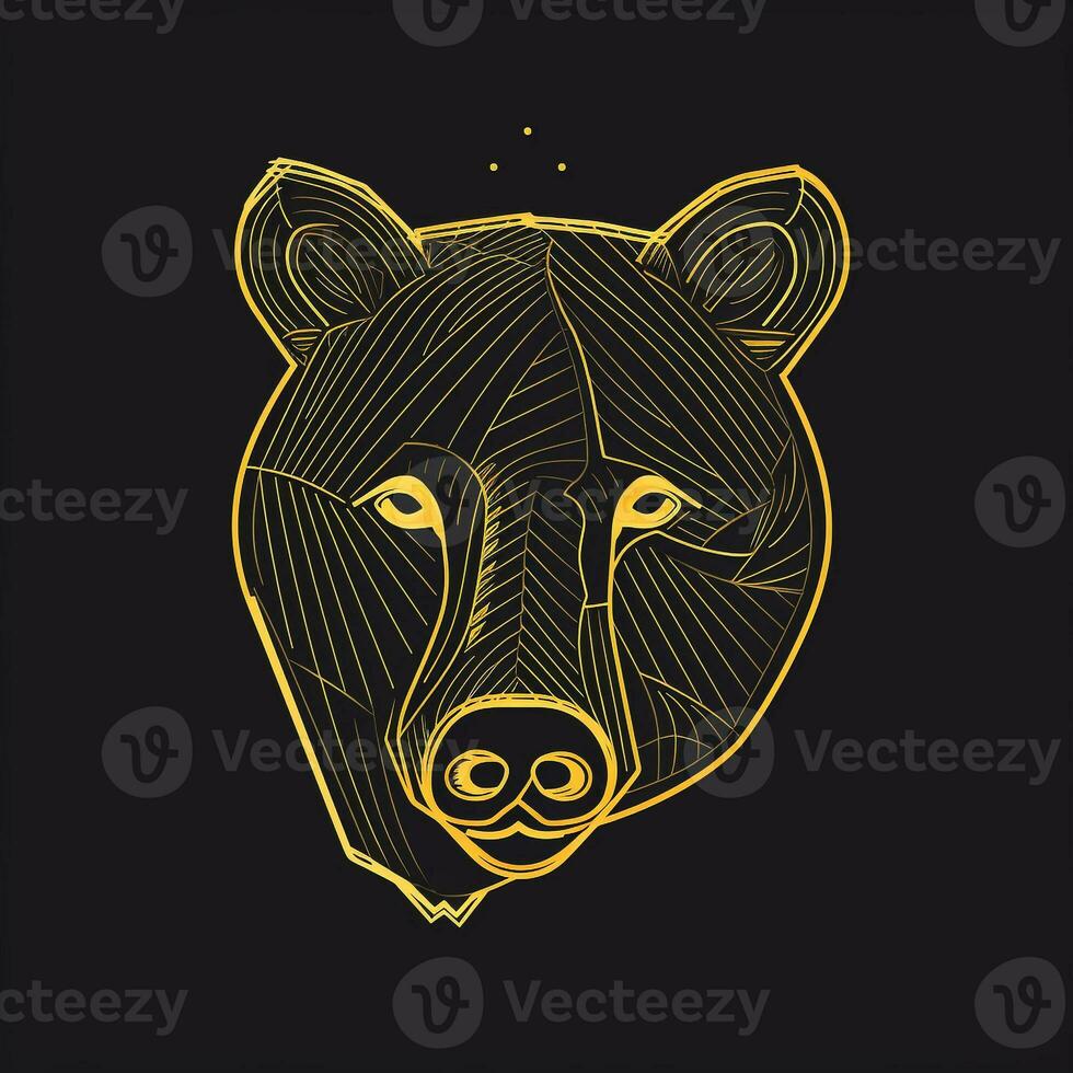 AI generated sketchy logo featuring an outline bear head in yellow on a black background. Generative AI photo