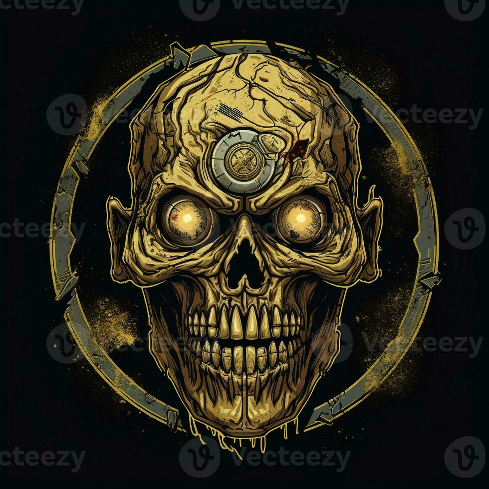 AI generated sketchy logo featuring a zombie in gold on a black background. Generative AI photo