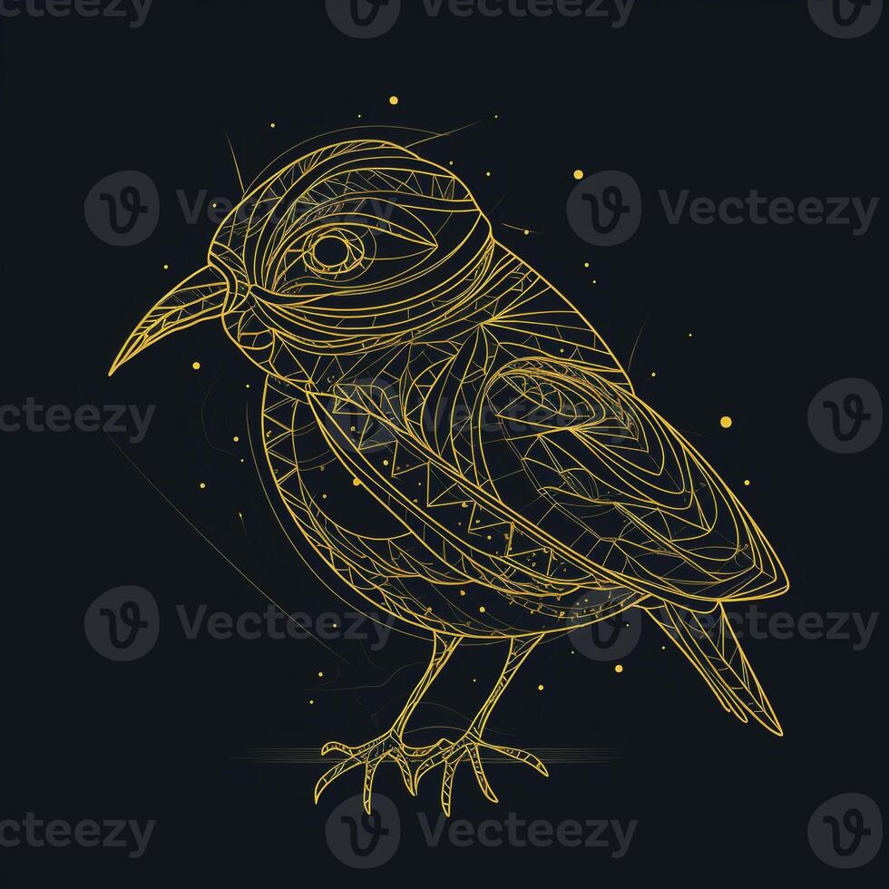 AI generated sketchy logo featuring an outline bird in yellow on a black background. Generative AI photo