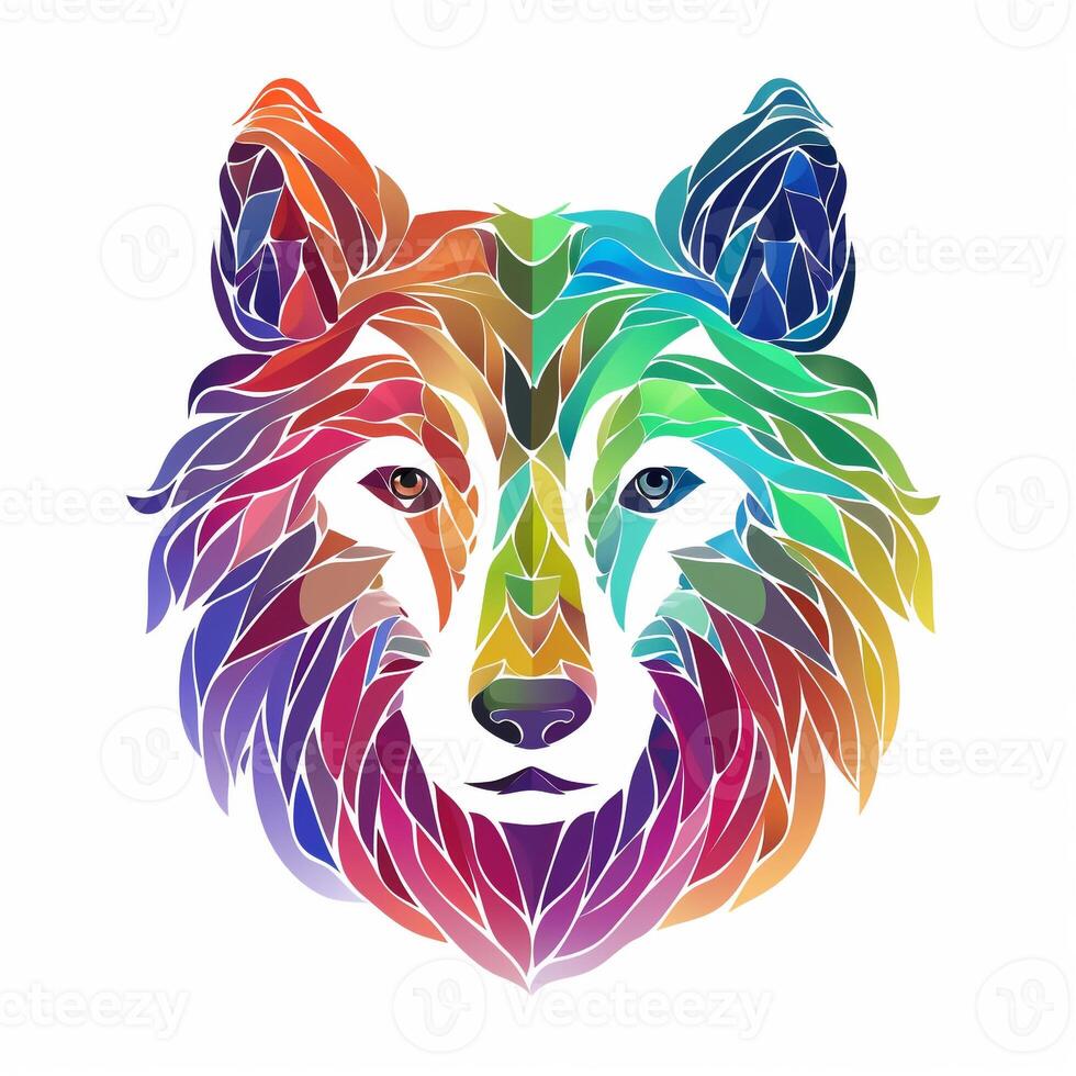 AI generated sketchy logo featuring a wolf head in rainbow on a white background. Generative AI photo