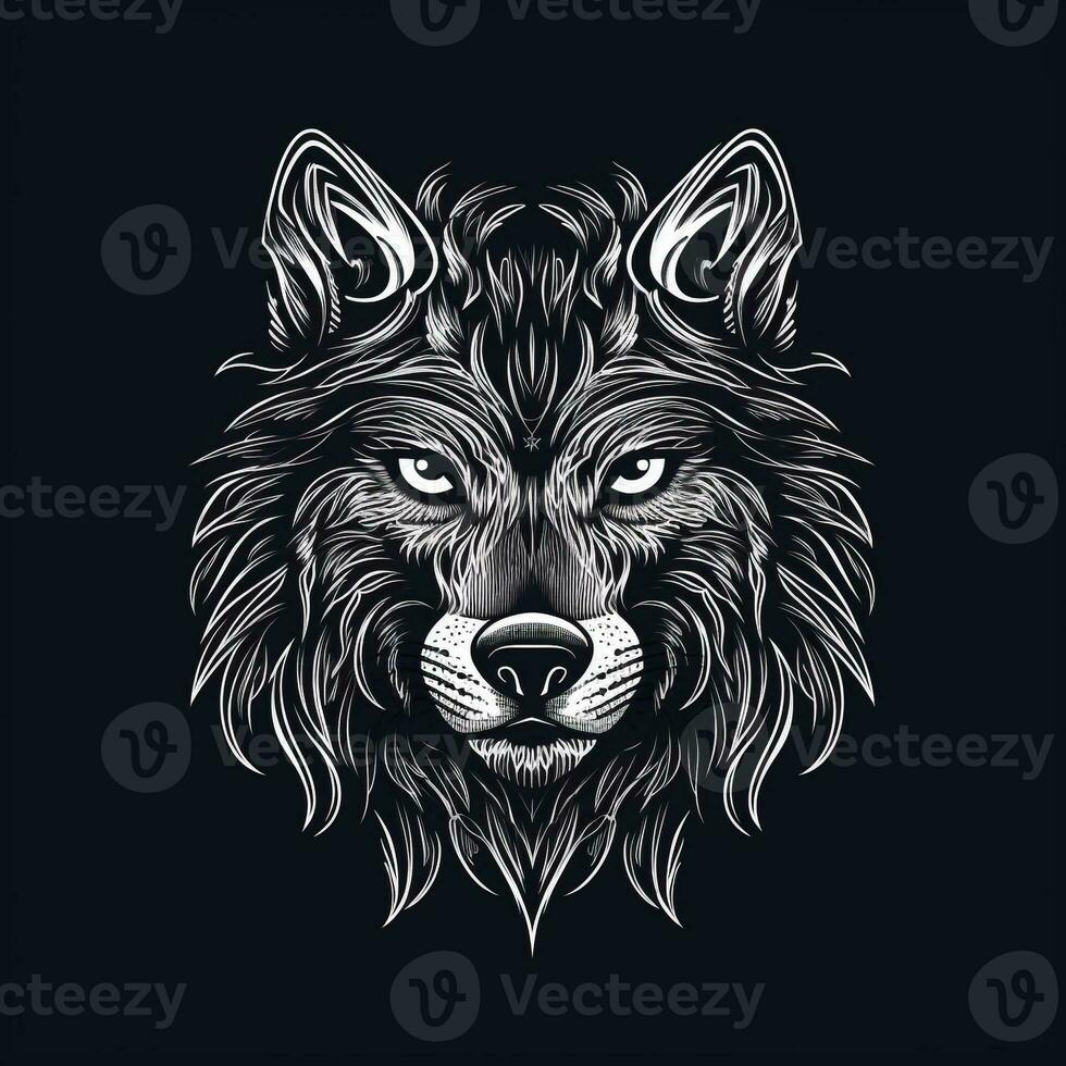 AI generated sketchy logo featuring a wolf head in white on a black background. Generative AI photo