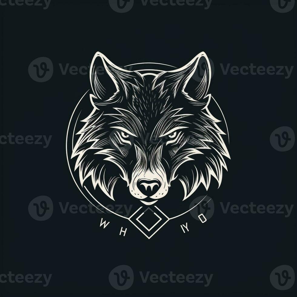 AI generated sketchy logo featuring a wolf head in white on a black background. Generative AI photo