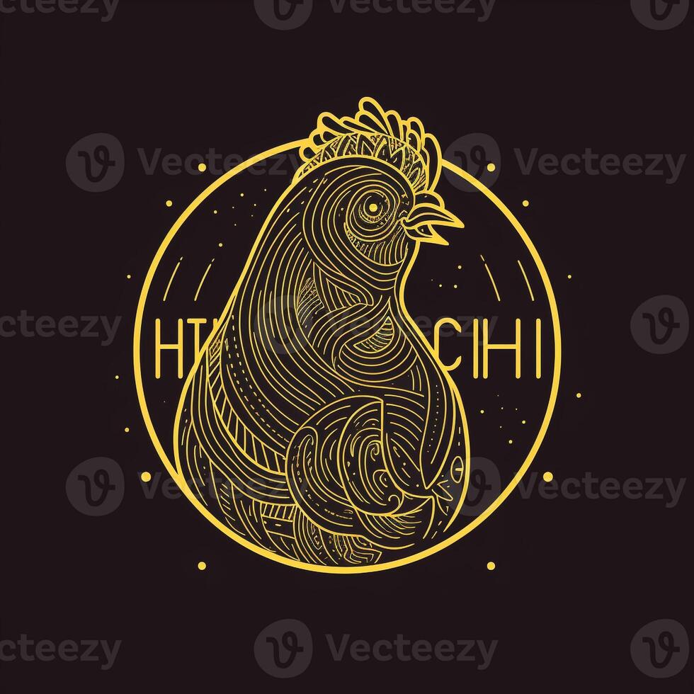 AI generated sketchy logo featuring an outline chicken in yellow on a black background. Generative AI photo