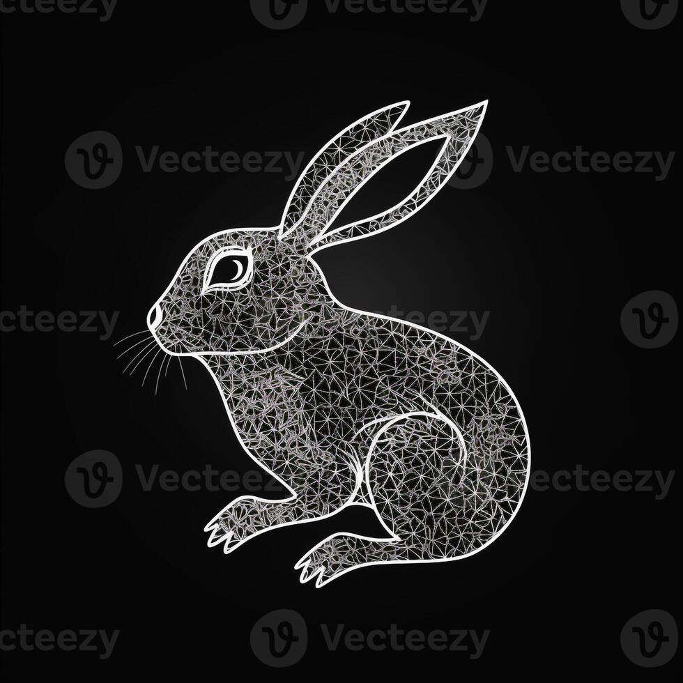 AI generated sketchy logo featuring a rabbit in white on a black background. Generative AI photo