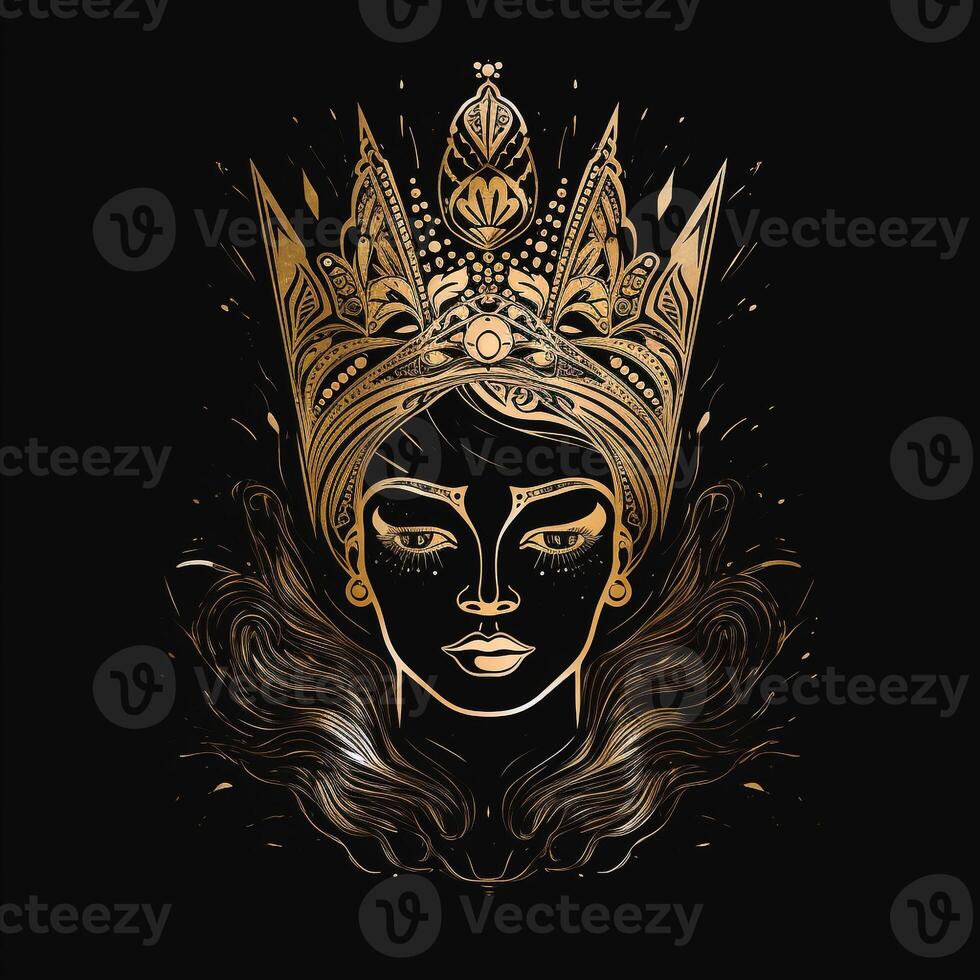 AI generated sketchy logo featuring a queen in gold on a black background. Generative AI photo