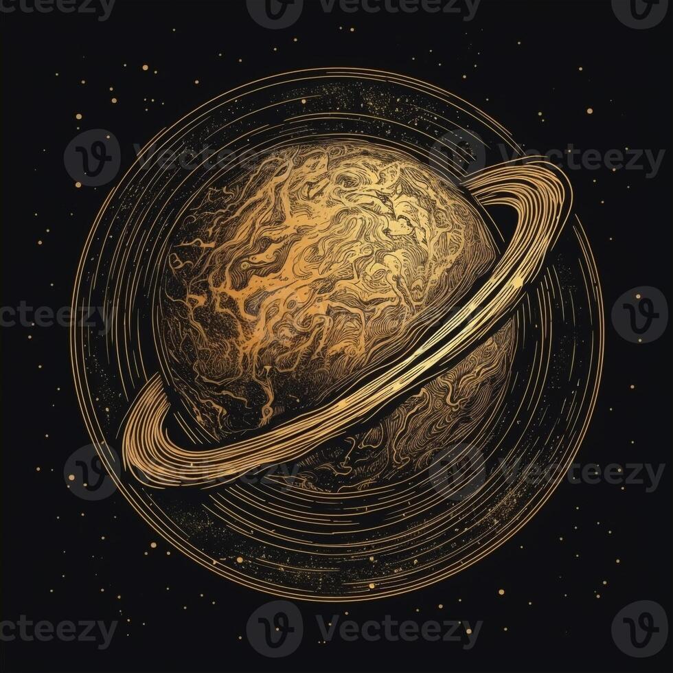 AI generated sketchy logo featuring a planet in gold on a black background. Generative AI photo