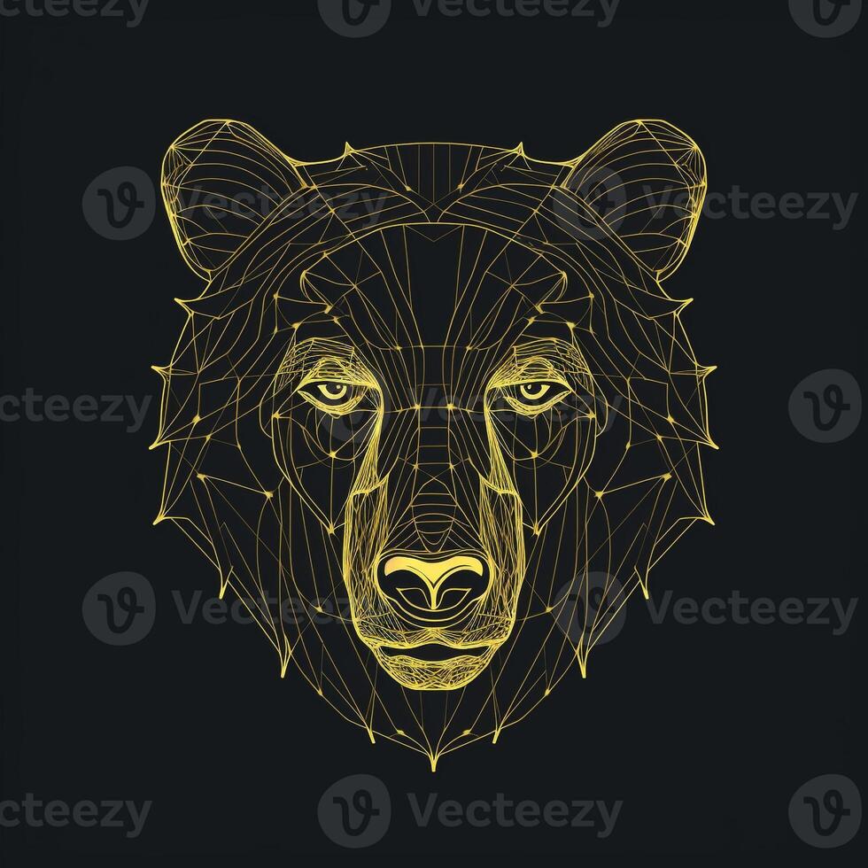 AI generated sketchy logo featuring an outline bear head in yellow on a black background. Generative AI photo