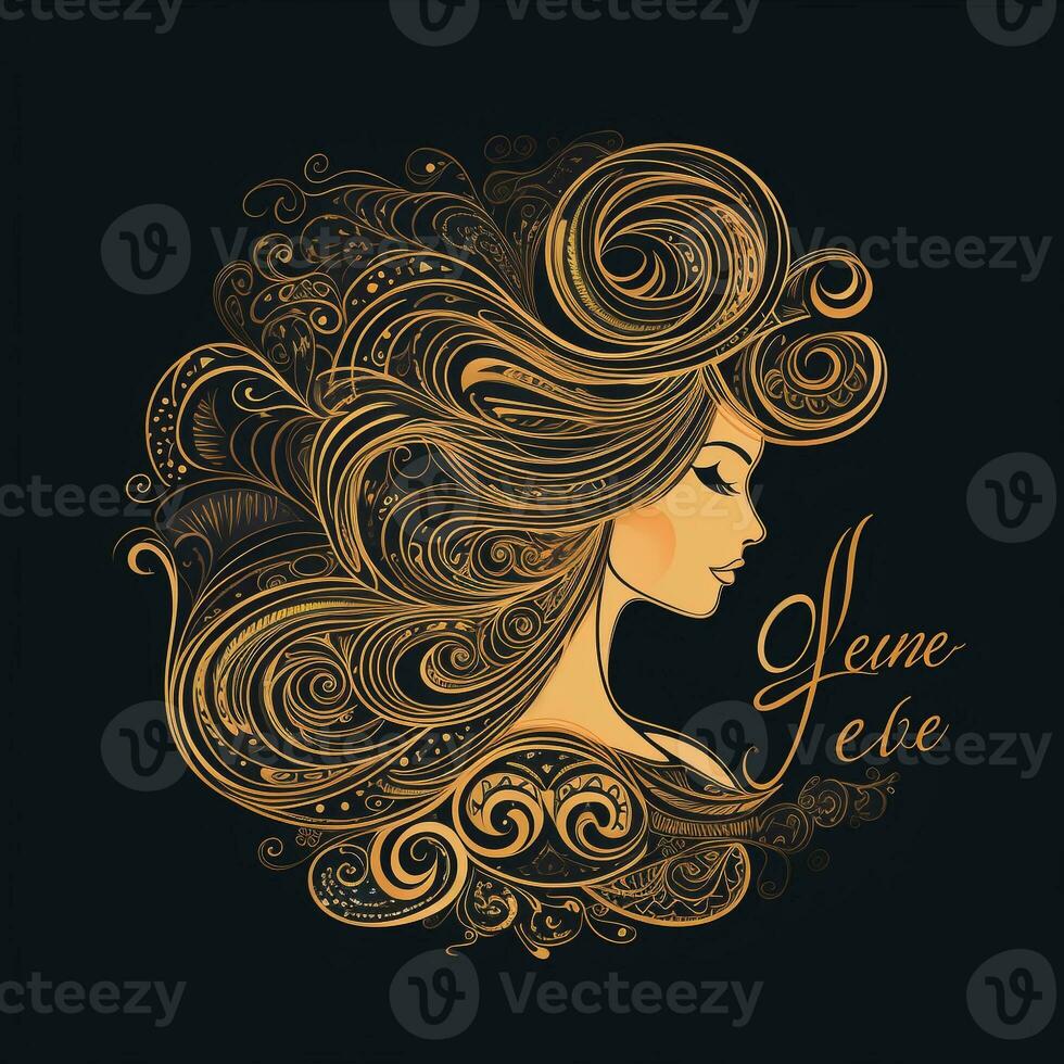 AI generated sketchy logo featuring a princess in gold on a black background. Generative AI photo