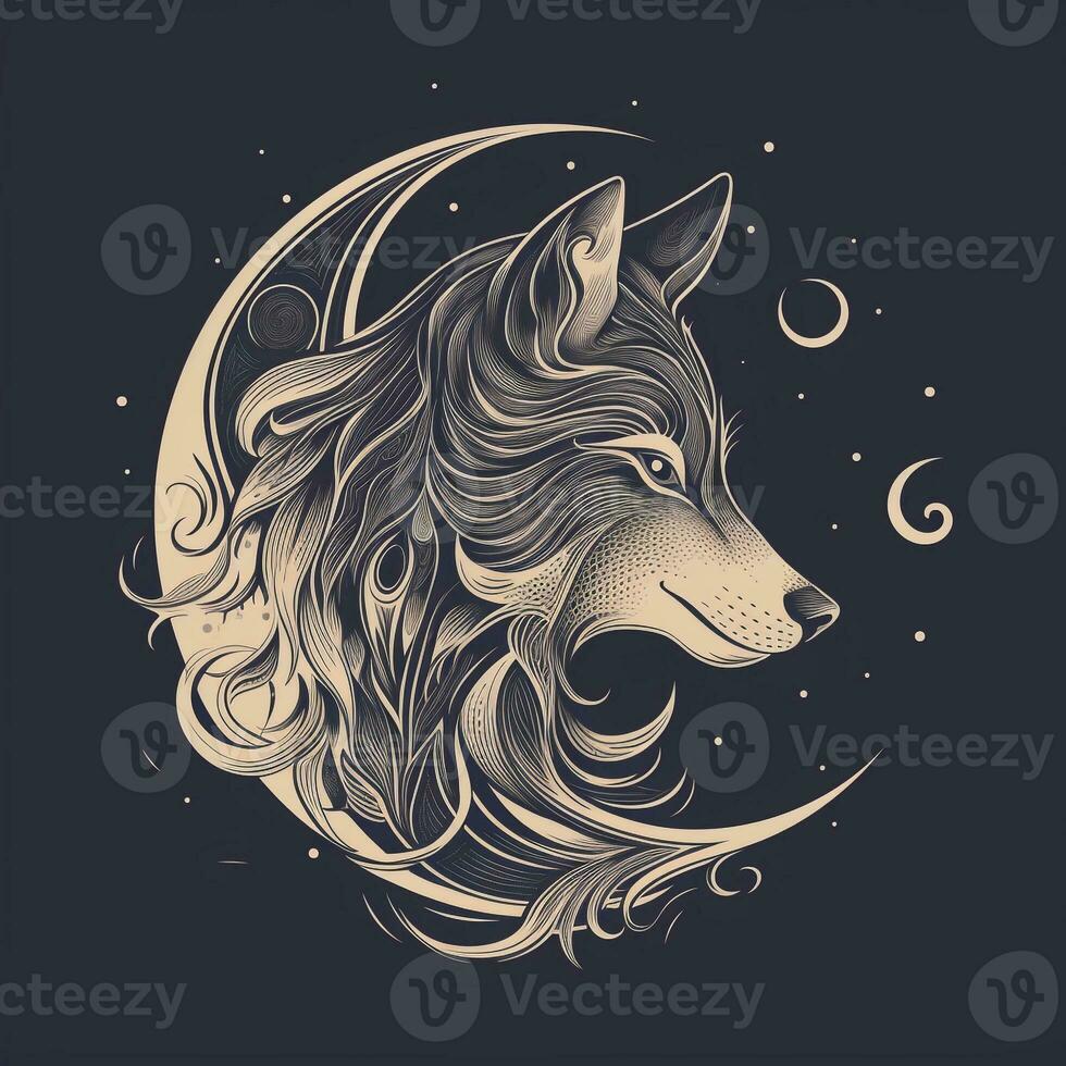 AI generated Sketchy logo featuring a wolf head in gray on a black background. Generative AI photo