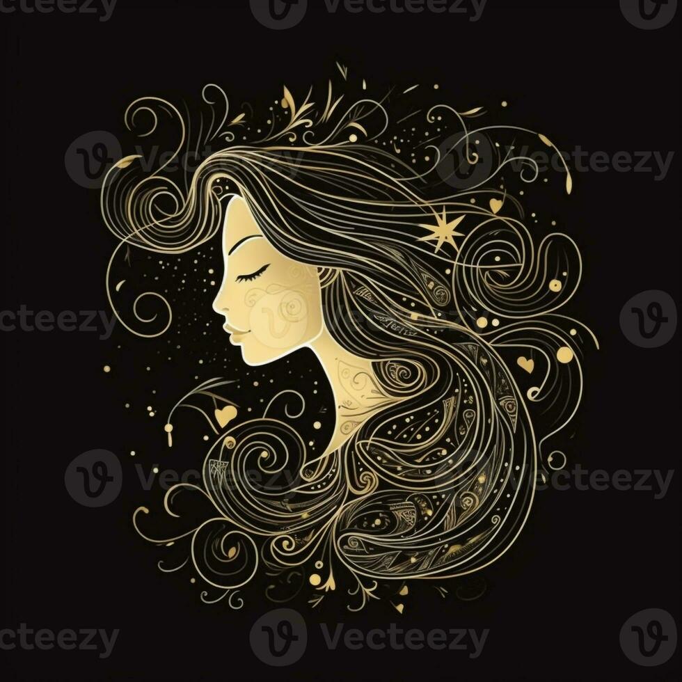 AI generated sketchy logo featuring a princess in gold on a black background. Generative AI photo