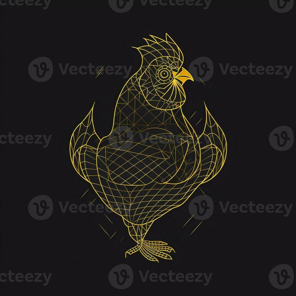 AI generated sketchy logo featuring an outline chicken in yellow on a black background. Generative AI photo