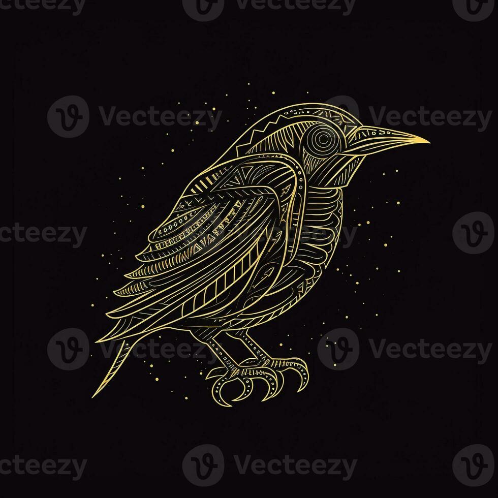 AI generated sketchy logo featuring an outline bird in yellow on a black background. Generative AI photo