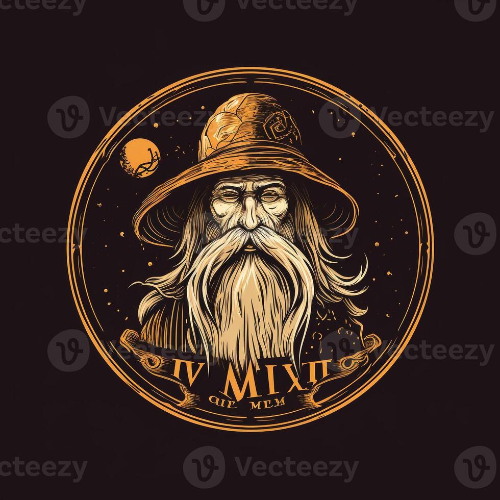 AI generated sketchy logo featuring a wizard in gold on a black background. Generative AI photo