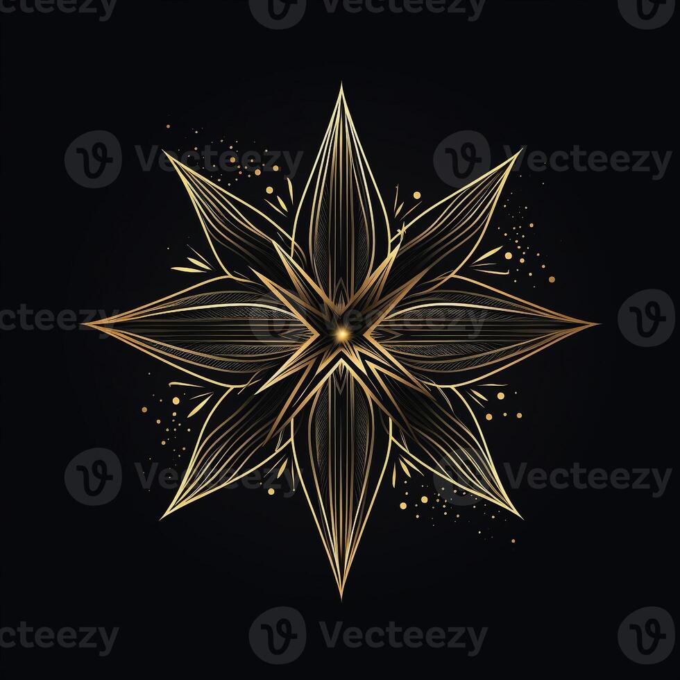 AI generated sketchy logo featuring a star in gold on a black background. Generative AI photo