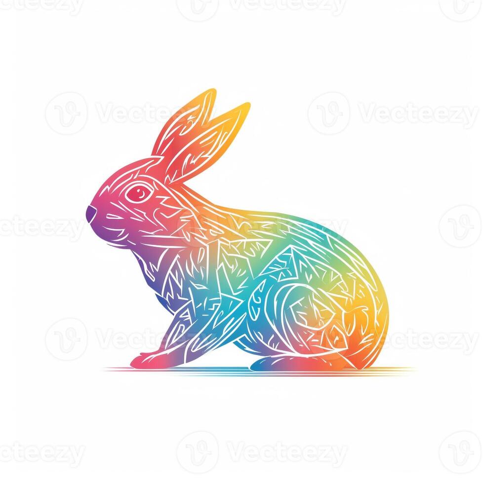 AI generated sketchy logo featuring a rabbit in rainbow on a white background. Generative AI photo