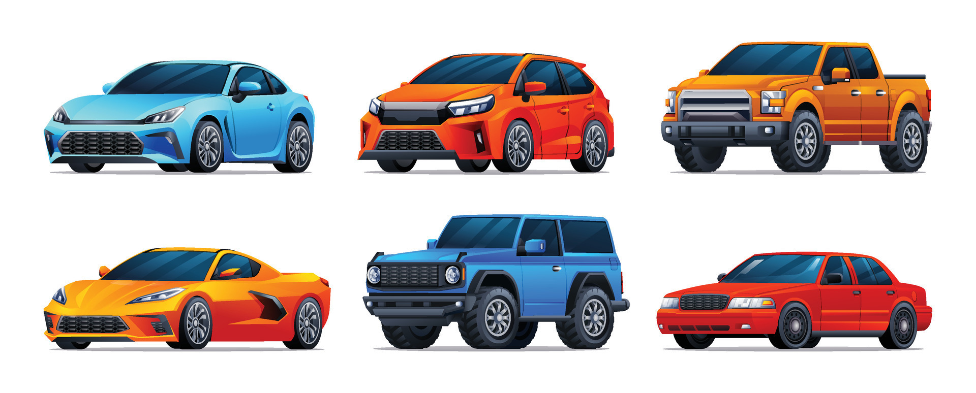 Set of cars in different types. Sedan, hatchback, sports car, pickup