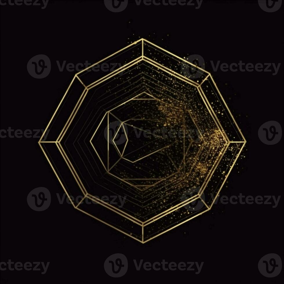 AI generated sketchy logo featuring a hexagon in gold on a black background. Generative AI photo