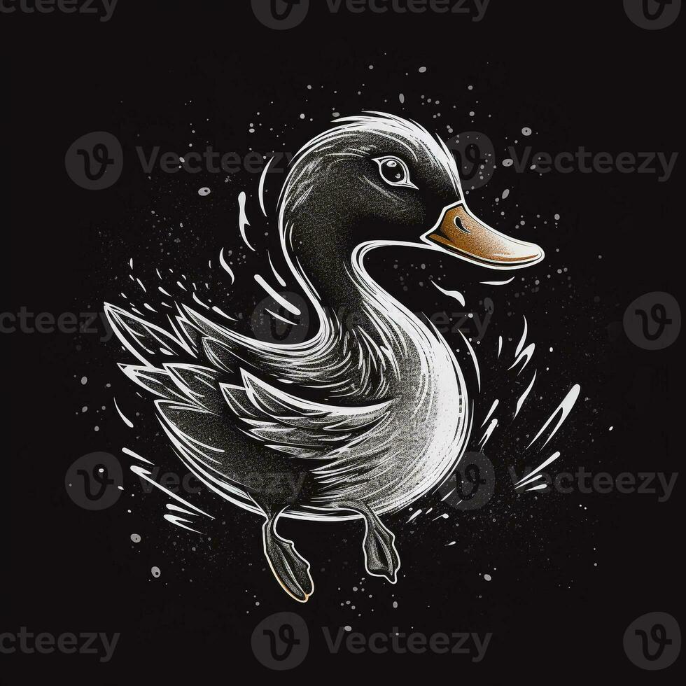 AI generated sketchy logo featuring a duck in white on a black background. Generative AI photo