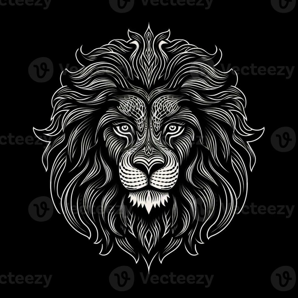 AI generated sketchy logo featuring a lion head in white on a black background. Generative AI photo