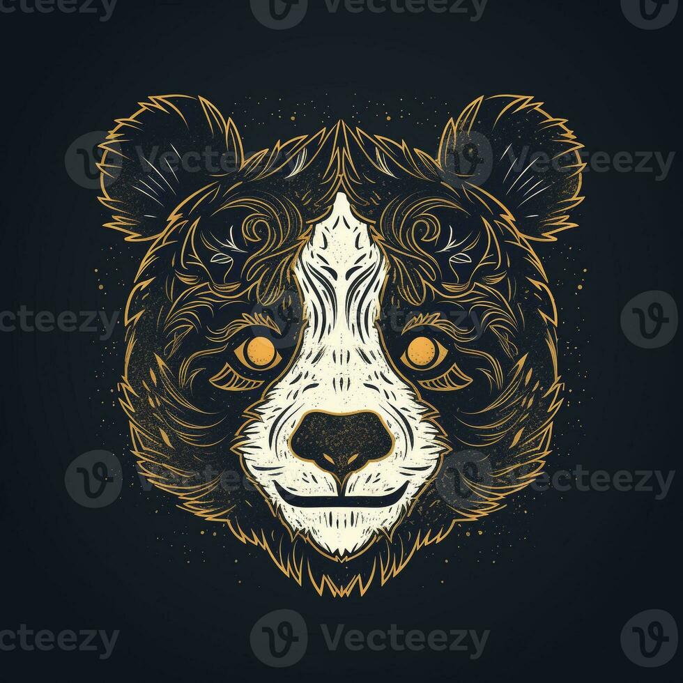 AI generated sketchy logo featuring a panda head in gold on a black background. Generative AI photo