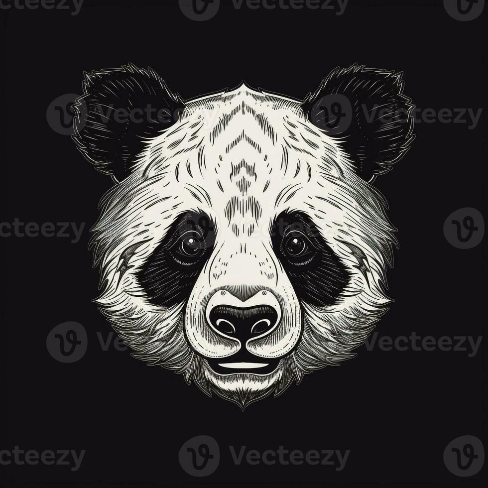 AI generated sketchy logo featuring a panda head in white on a black background. Generative AI photo