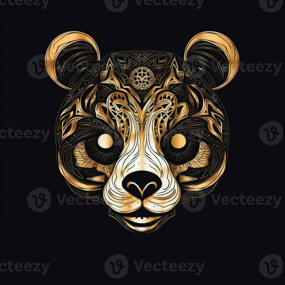 AI generated sketchy logo featuring a panda head in gold on a black background. Generative AI photo