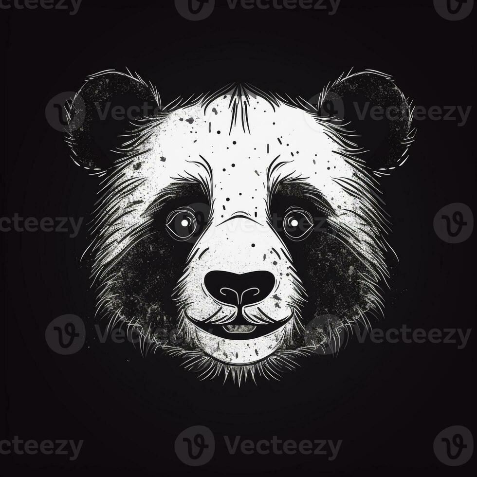 AI generated sketchy logo featuring a panda head in white on a black background. Generative AI photo