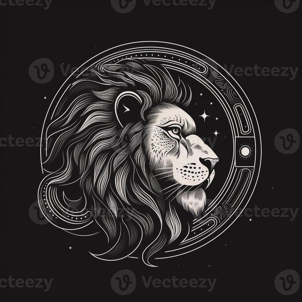 AI generated Sketchy logo featuring a lion head in gray on a black background. Generative AI photo