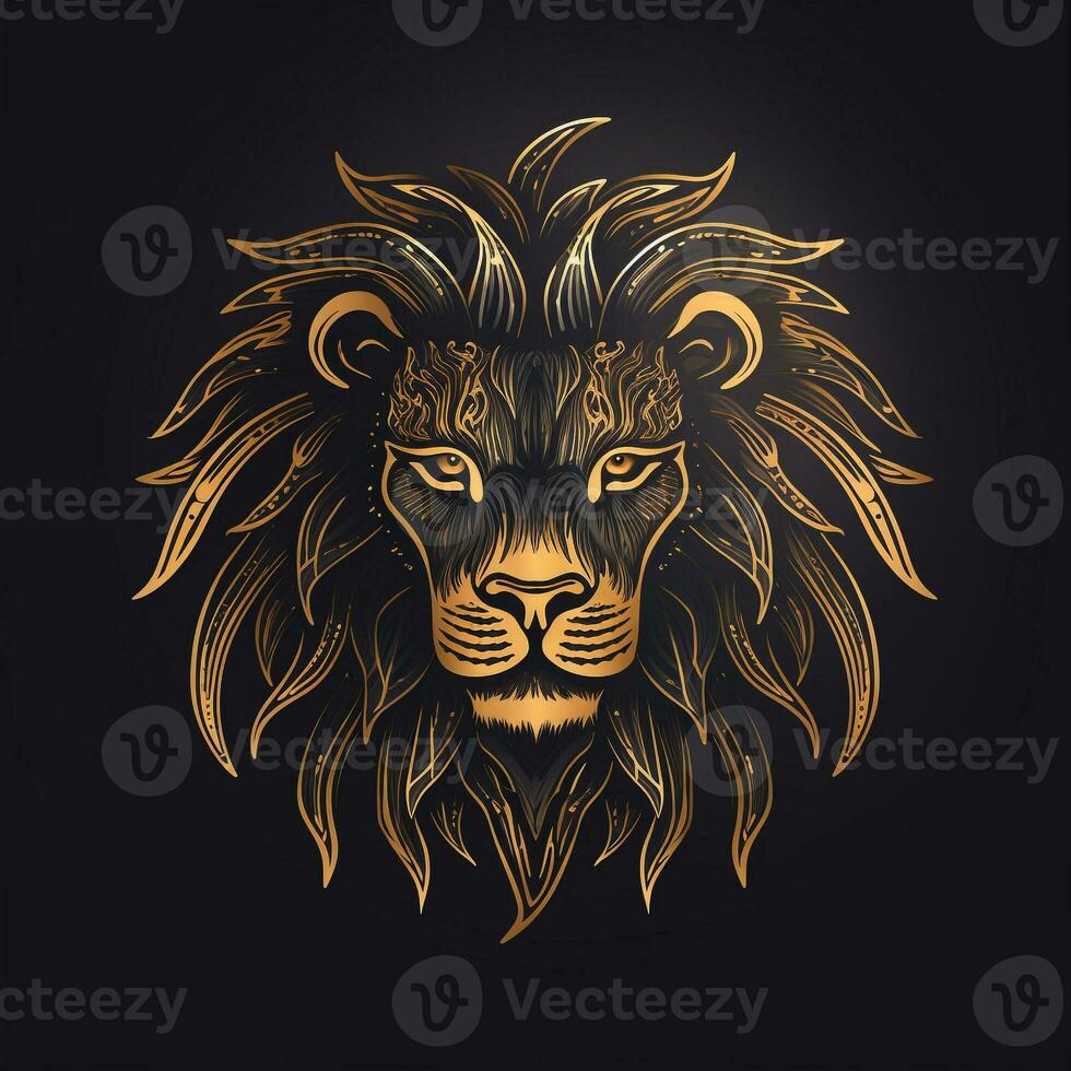 AI generated sketchy logo featuring a lion head in gold on a black background. Generative AI photo