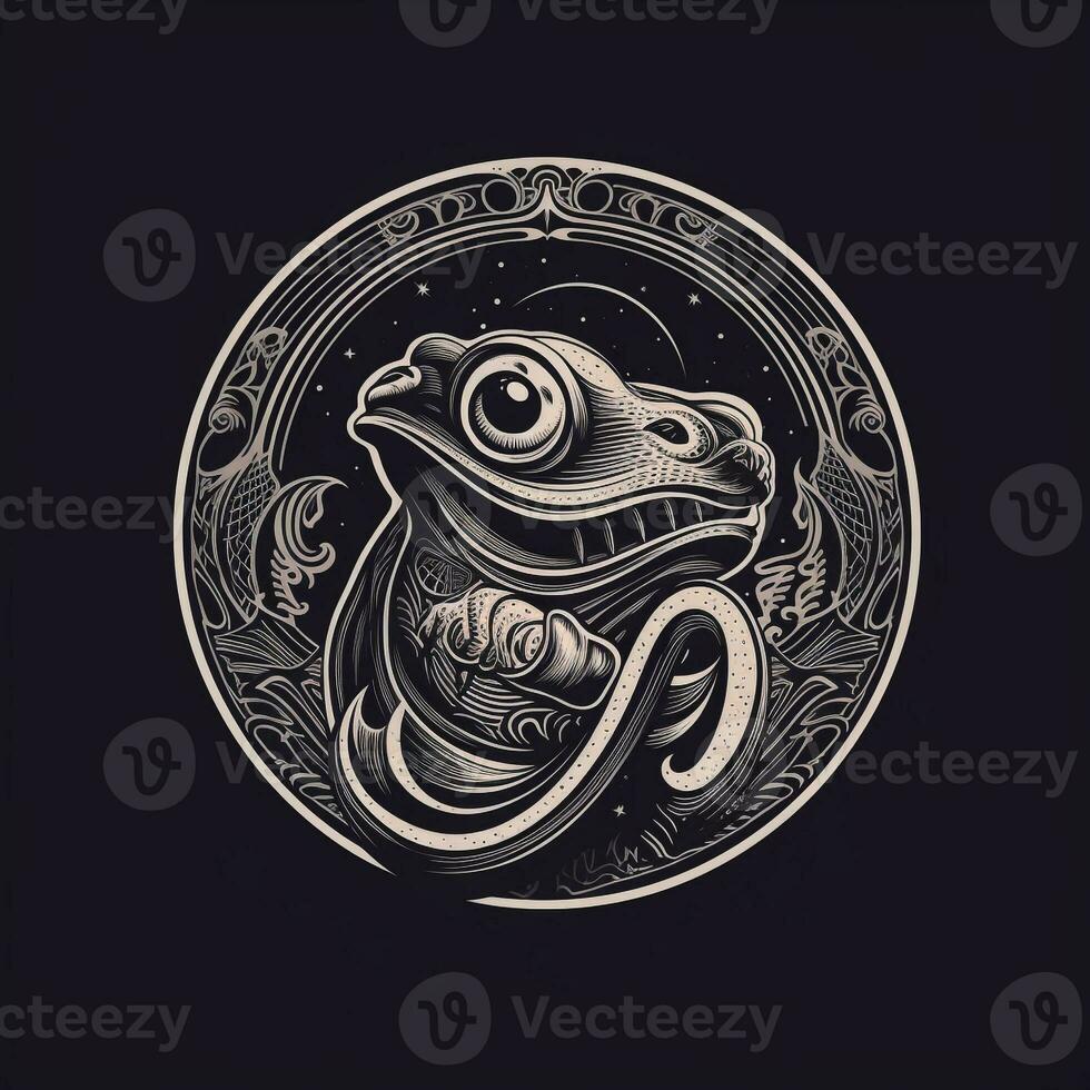 AI generated sketchy logo featuring a frog head in gray on a black background. Generative AI photo