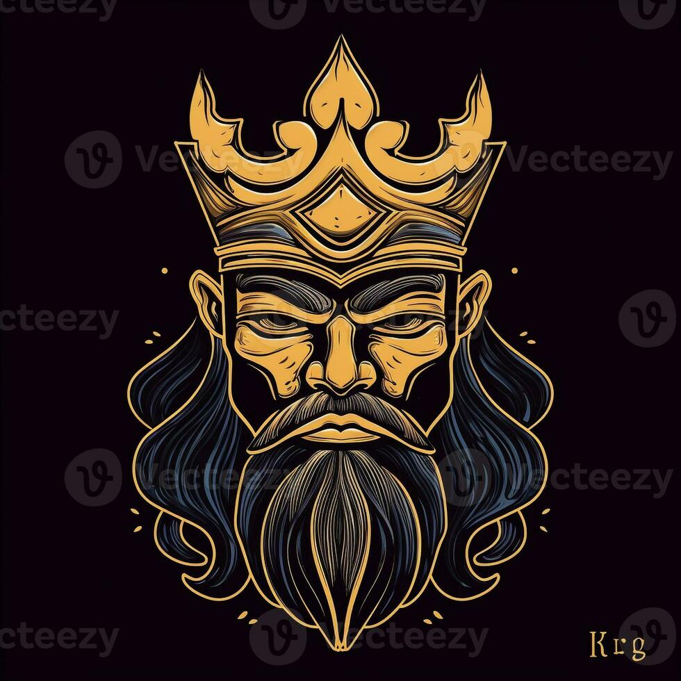 AI generated sketchy logo featuring a king in gold on a black background. Generative AI photo