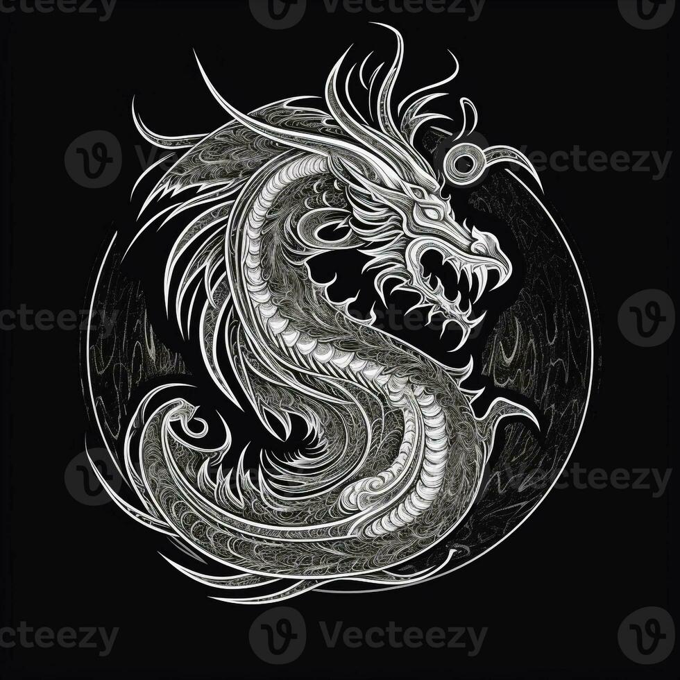 AI generated sketchy logo featuring a dragon in white on a black background. Generative AI photo