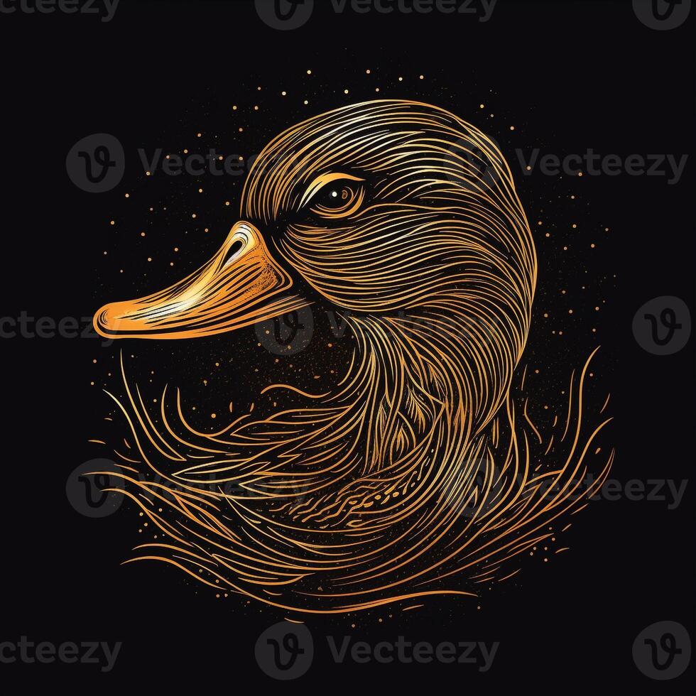 AI generated sketchy logo featuring a duck in gold on a black background. Generative AI photo