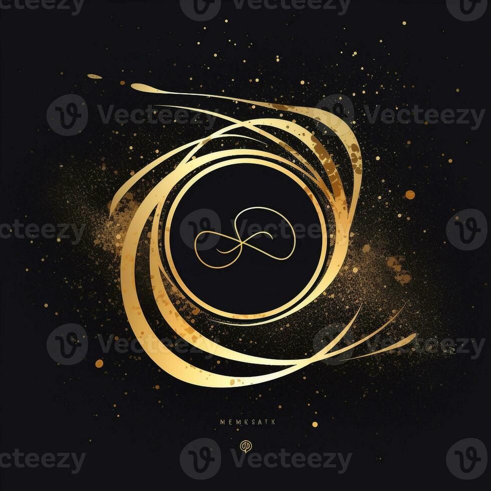 AI generated sketchy logo featuring a galaxy in gold on a black background. Generative AI photo