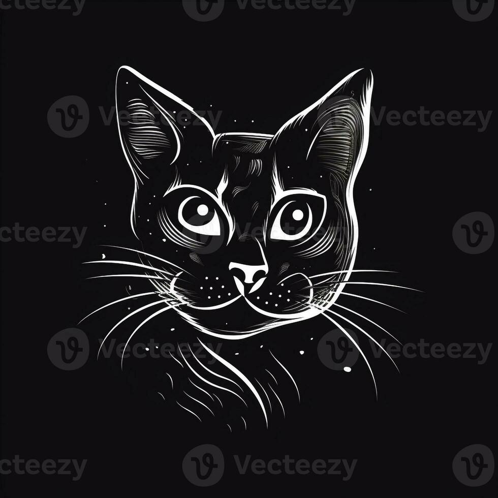 AI generated sketchy logo featuring a cat in white on a black background. Generative AI photo