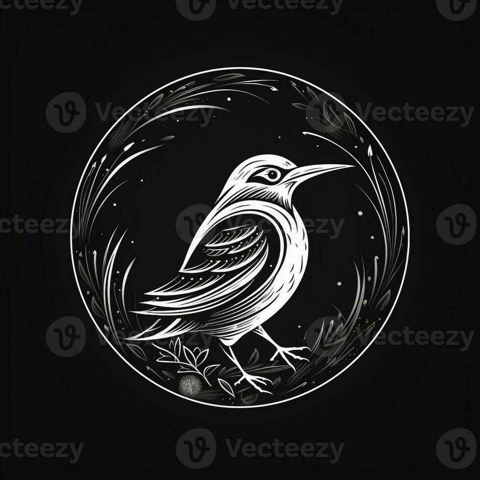 AI generated sketchy logo featuring a bird in white on a black background. Generative AI photo