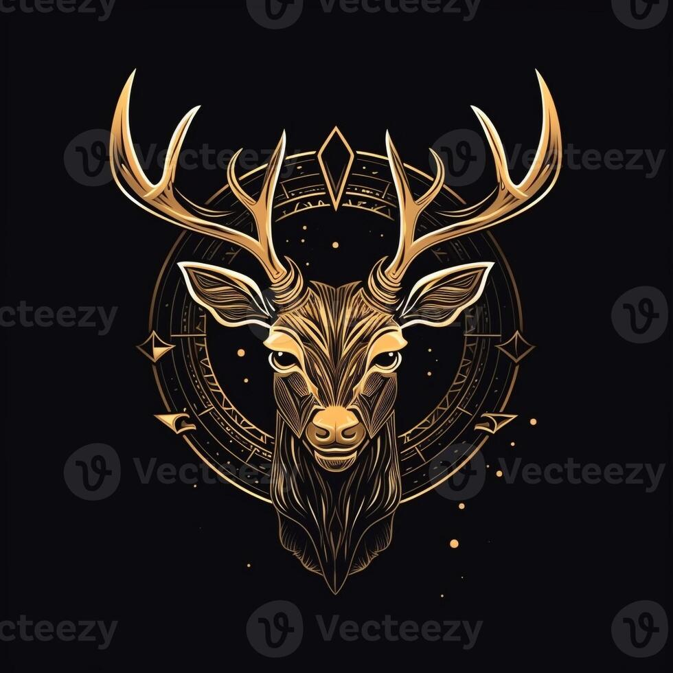 AI generated sketchy logo featuring a deer head in gold on a black background. Generative AI photo