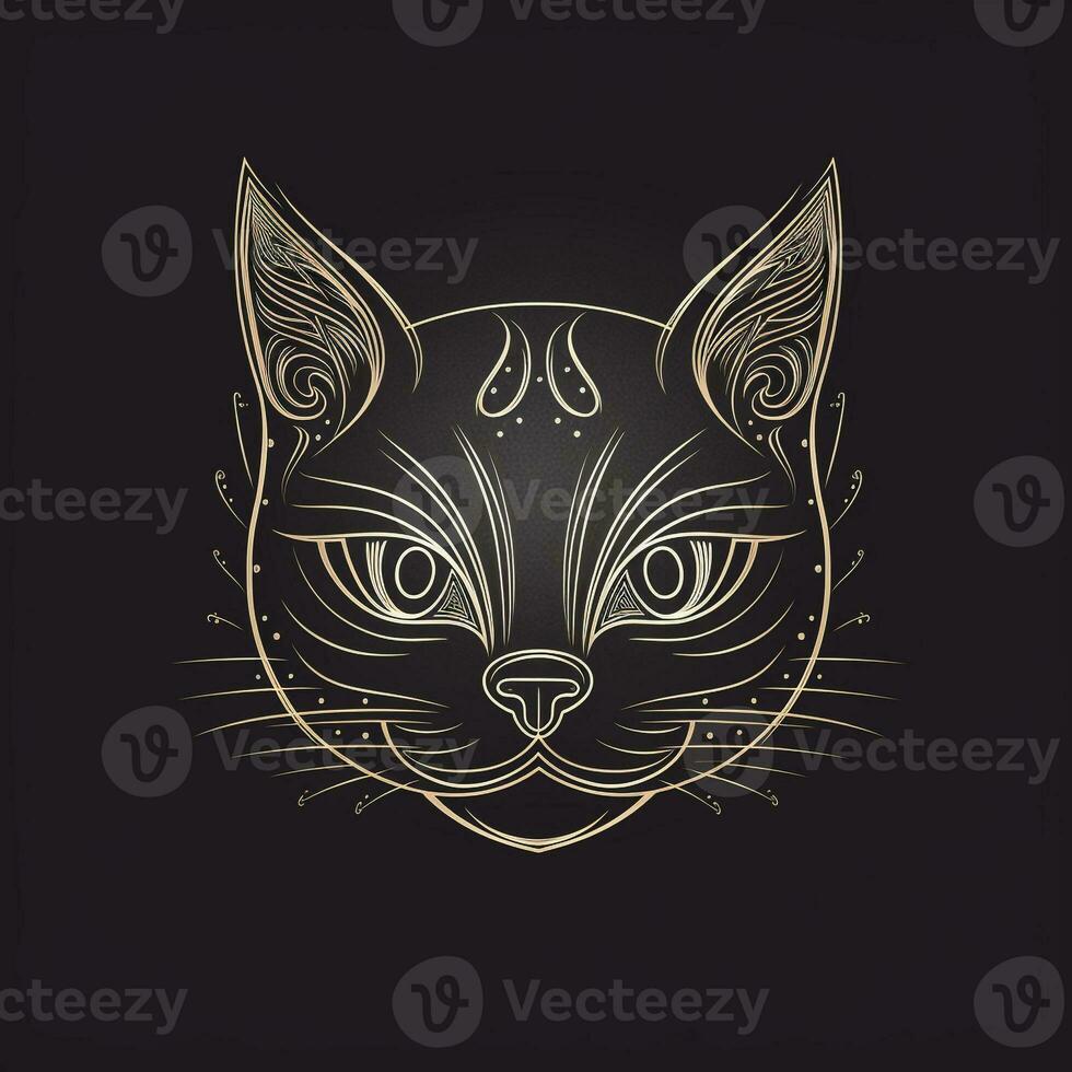 AI generated sketchy logo featuring a cat in white on a black background. Generative AI photo